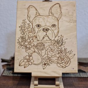 French Bulldog mit vielen Blumen als Holzbild