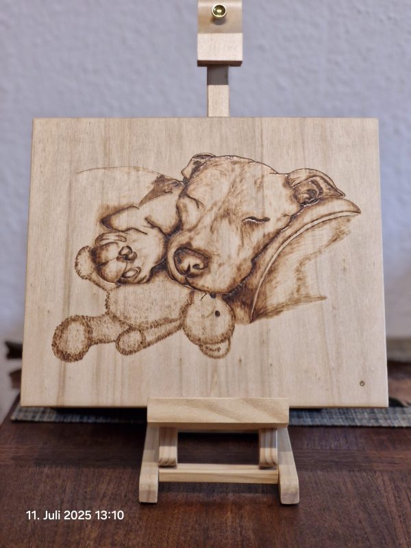 Schlafender Hund mit Stofftier als Brandmalerei